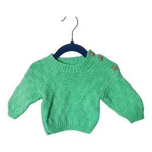 Hand Knit Baby Green Basket Weave Sweater Cotton with Dog Shoulder Buttons 3/6m